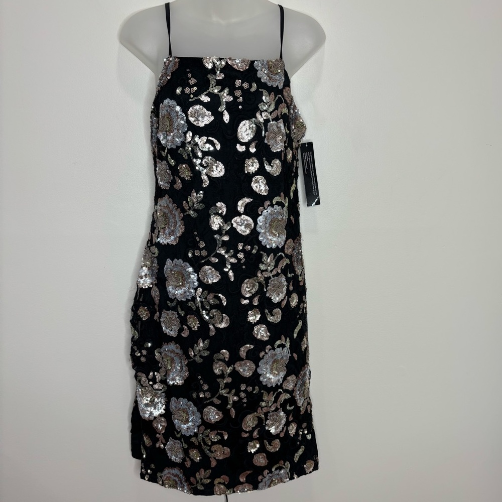 Anthropologie Goldie metallic Floral Sequin Mini Dress black mesh new NWT XS